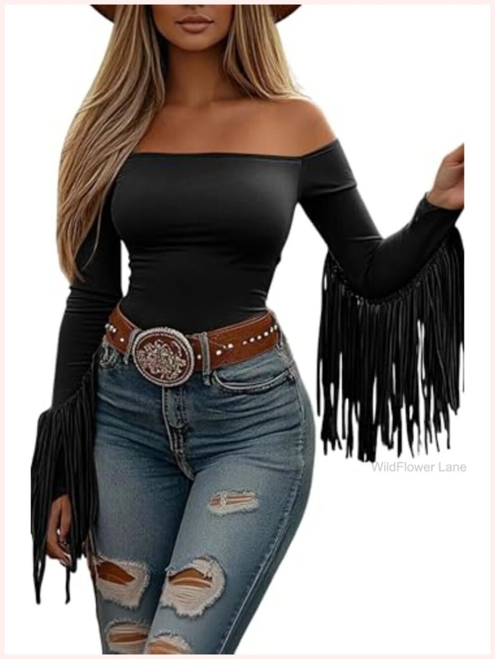 Off Shoulder Fringe Tops for Women Western Cowgirl Outfits Stretchy Tassel
